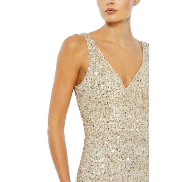 Mac Duggal 1068 Sequins V-Neck Side Slit Gown Evening Dress 0 XS Gold Sleeveless - Picture 3 of 11